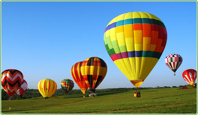 Groupon Coupons Hotwire Eight hot air baloons of various colors taking flight from a green, grassy field